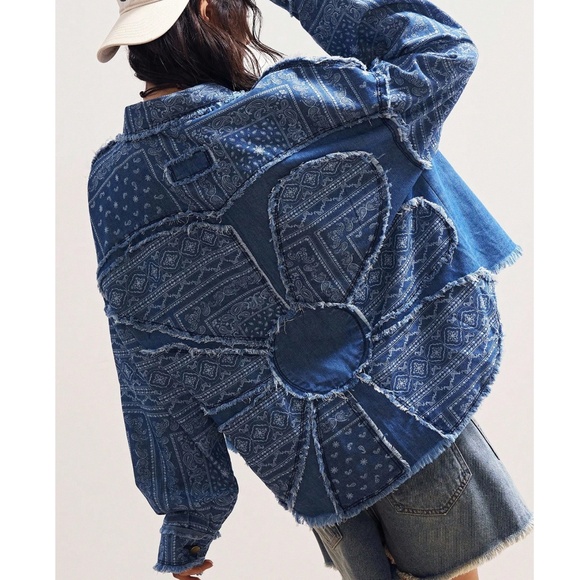 Dark Wash Paisley Print Frayed Detail Button Down Oversized Denim Jacket - Picture 4 of 8